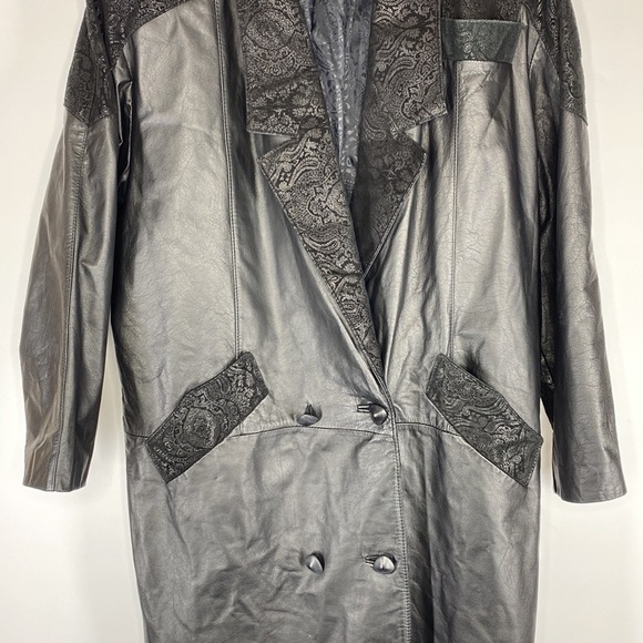 Vintage Global Identity Leather Trench Coat Paisley Trim Size Medium 80s - Picture 3 of 14